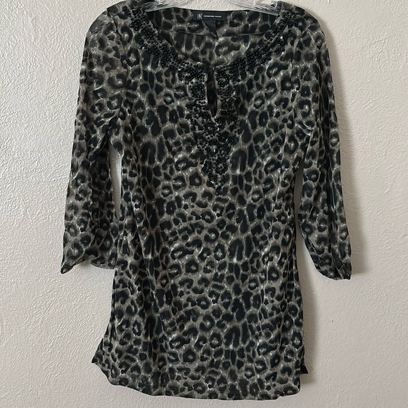 Women’s INC Semi Sheer Embellished Leopard Print Top, Large Green/Black - Picture 1 of 5